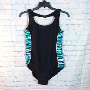 Womans Catalina‎   Black & Blue sz16 One Piece Bathing Suit Tummy Control